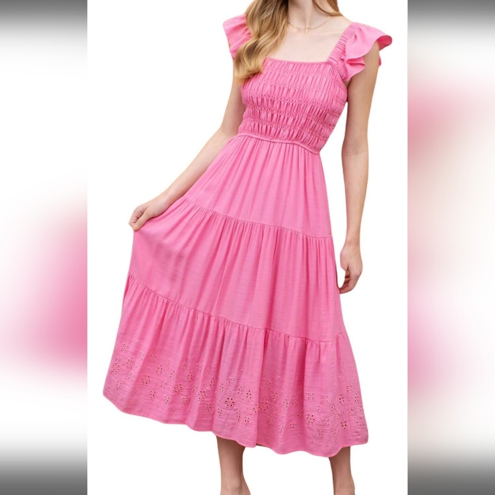 Blu Pepper Pink Midi Dress with Eyelet Flutter Sleeves